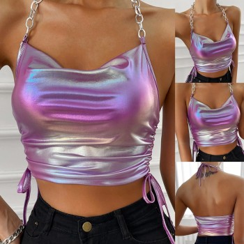 Summer Ruched Drawstring Halter Crop Top Glitter Metallic Holographic Sexy Backless Metal Chain Purple